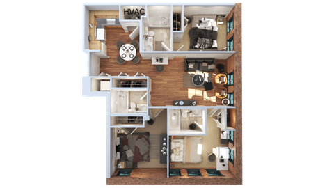 Floor plan for 3 beds, 3 baths, 1000 sqft